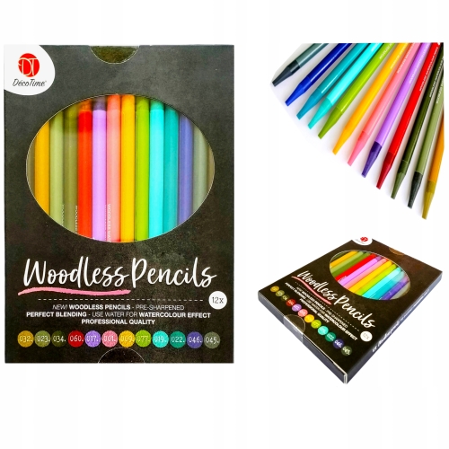 Kredki Bezdrzewne Akwarelowe Wodne WOODLESS PENCILS DecoTime 032-045 12szt.