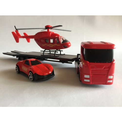Zestaw: Czerwona Laweta Mega Transporter Teamsterz Straż pożarna Helikopter