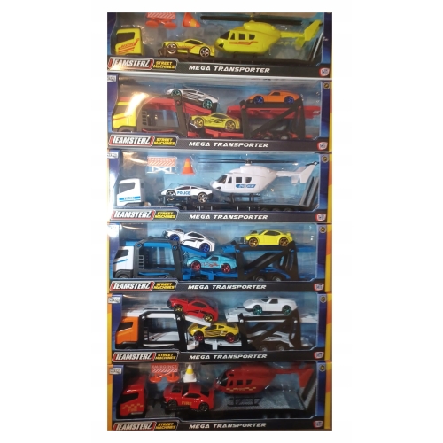 Zestaw: Żółta Laweta Mega Transporter Teamsterz Helikopter i Autko RESCUE