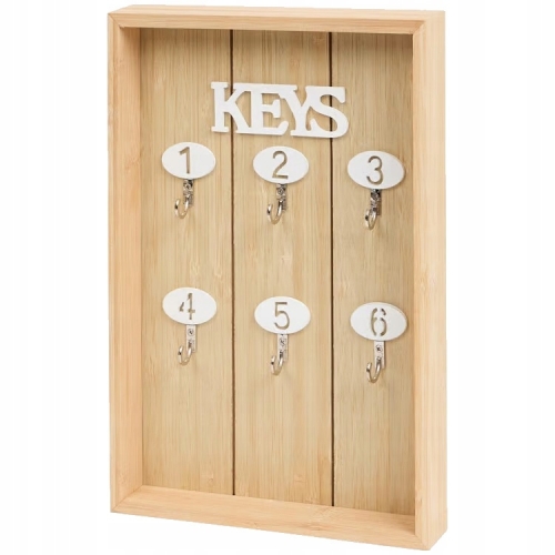 SZAFKA NA KLUCZE WISZĄCA OTWARTA 6 HACZYKÓW NATURALNE DREWNO BAMBUS KEYS