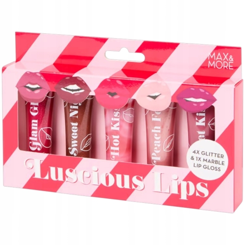 BŁYSZCZYKI DO UST LUKSUSOWE BROKATOWE KOLOROWE Max&More 5 sztuk x 10ml