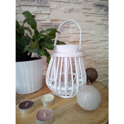 LATARENKA LATARNIA RATTANOWA NA TEALIGHT 14 x 16 CM SZKLANY WKŁAD BIAŁA