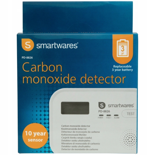 Czujnik tlenku węgla Smartwares alarm dźwiękowy LCD 10 lat GW biały PD-8826