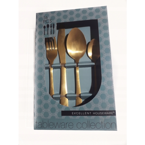 Komplet 16 klasycznych sztućców matowe złoto GLAMOUR dla 4 osób HOME DECOR
