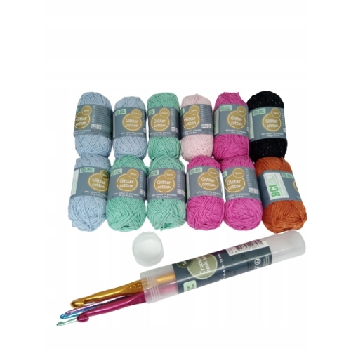 ZESTAW WŁÓCZEK BROKATOWYCH COTTON 6 KOLORÓW 24 SZT + 2X SZYDEŁKA BIG PAKA