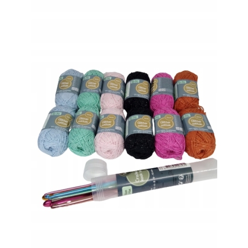 ZESTAW WŁÓCZEK BROKATOWYCH COTTON 6 KOLORÓW 24 SZT + 2X SZYDEŁKA BIG PAKA