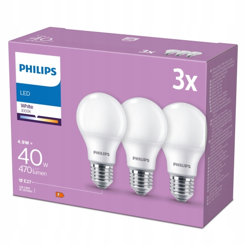 3 X ŻARÓWKI PHILIPS LED 470 LUMENÓW BIAŁE 3000KW E27 220-240V AC 50/60Hz