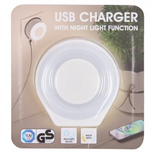 Lampka nocna czujnik dzień noc z ładowarką sieciową USB-C Warm White
