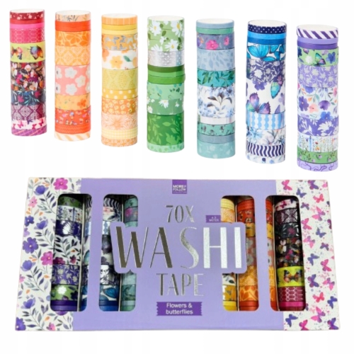 WASHI TAPE TAŚMY NAKLEJKI DEKORACJE SCRAPBOOKING DUŻY ZESTAW 70 SZTUK po 3m