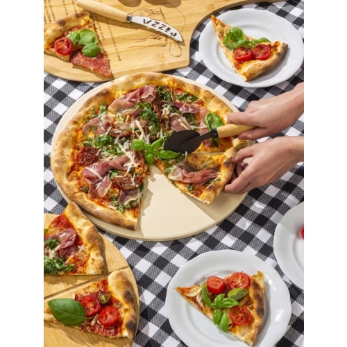 KAMIEŃ DO PIZZY KORDIERYTOWY OKRĄGŁY 34 CM NOŻ I PODSTAWKA PIEKARNIK GRILL