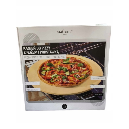KAMIEŃ DO PIZZY KORDIERYTOWY OKRĄGŁY 34 CM NOŻ I PODSTAWKA PIEKARNIK GRILL
