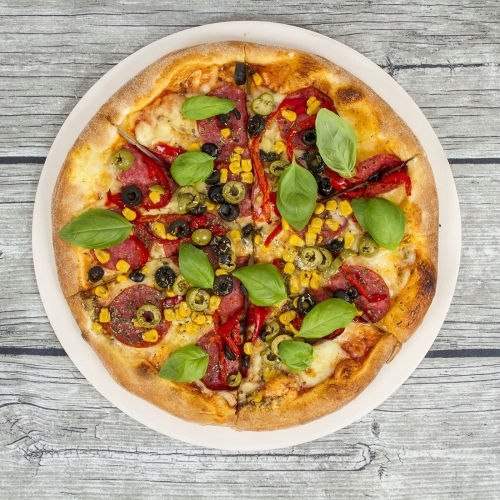 KAMIEŃ DO PIZZY KORDIERYTOWY OKRĄGŁY 34 CM NOŻ I PODSTAWKA PIEKARNIK GRILL