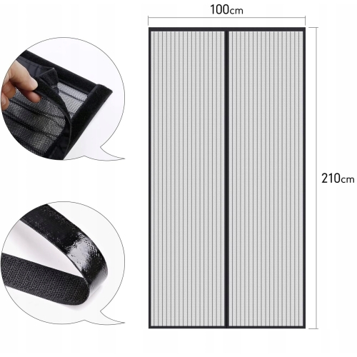MOSKITIERA 100 x 210 cm MAGNETYCZNA DRZWIOWA SIATKA NA KOMARY OWADY CZARNA