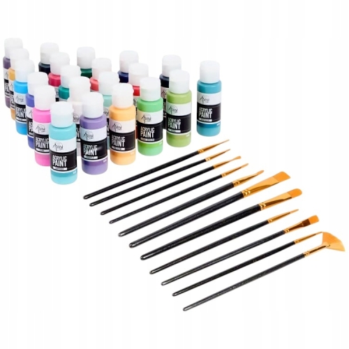 Zestaw farby akrylowe ARTIST 24 sztuk x 59 ml INTENSYWNE KOLORY + 12 pędzli